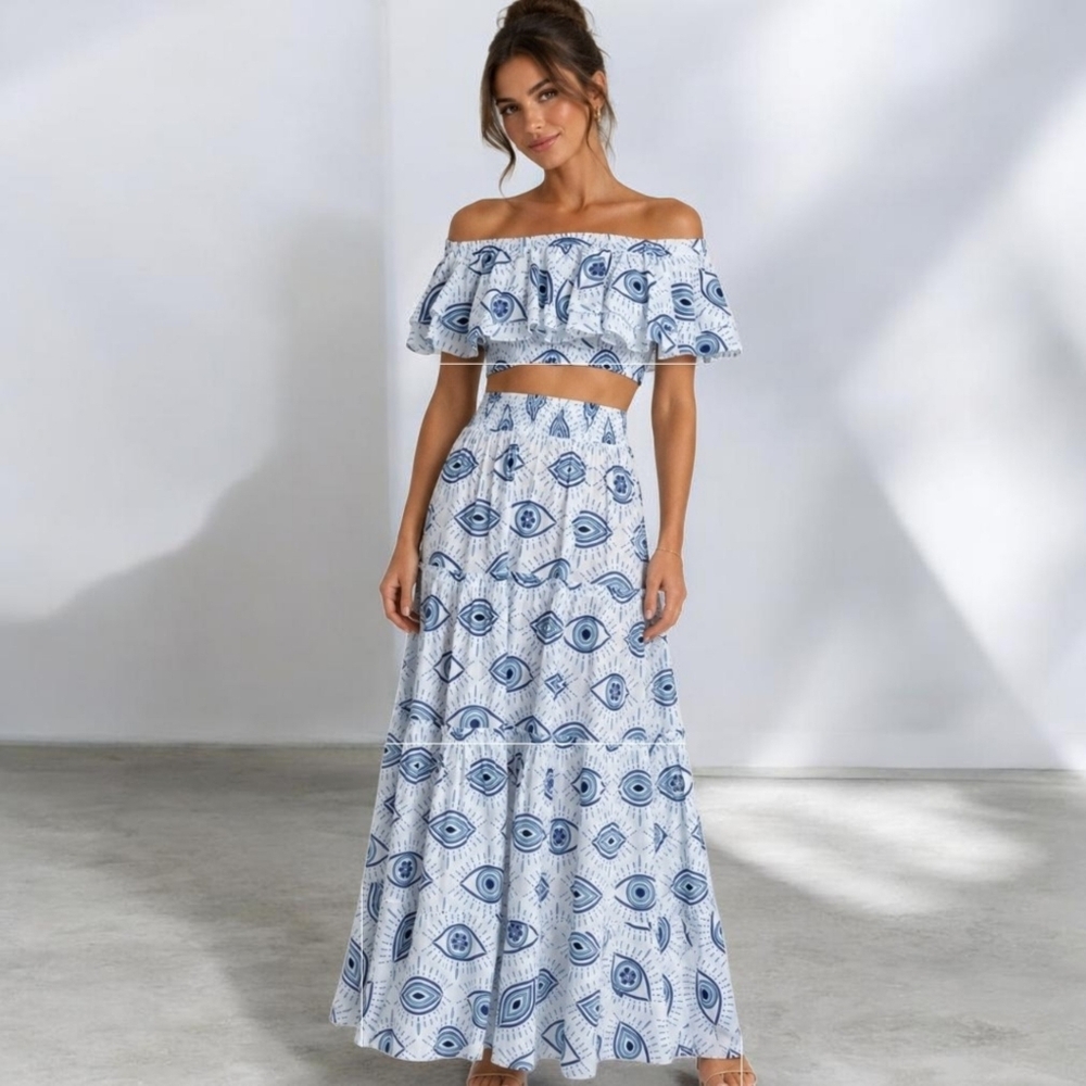 Sinesia Karol Two Piece Set Maxi Skirt and Ruffle Top 100% cotton Made in Brasil